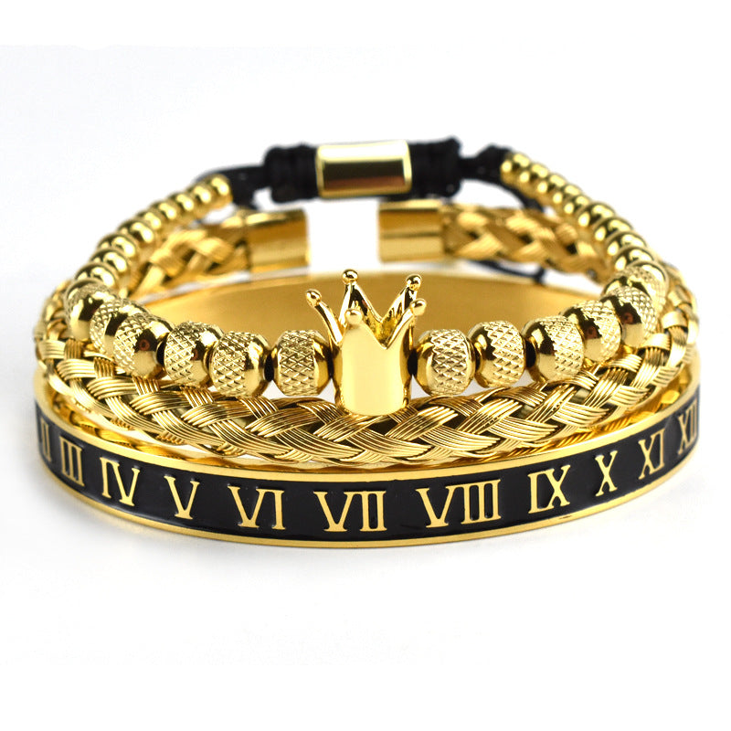 Glossy Crown Woven Bracelet Stainless Steel Black Oil Roman Digital