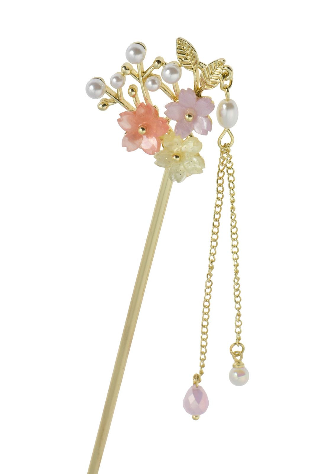 Gold Floral Hair Stick with Pearls & Pastel Flowers