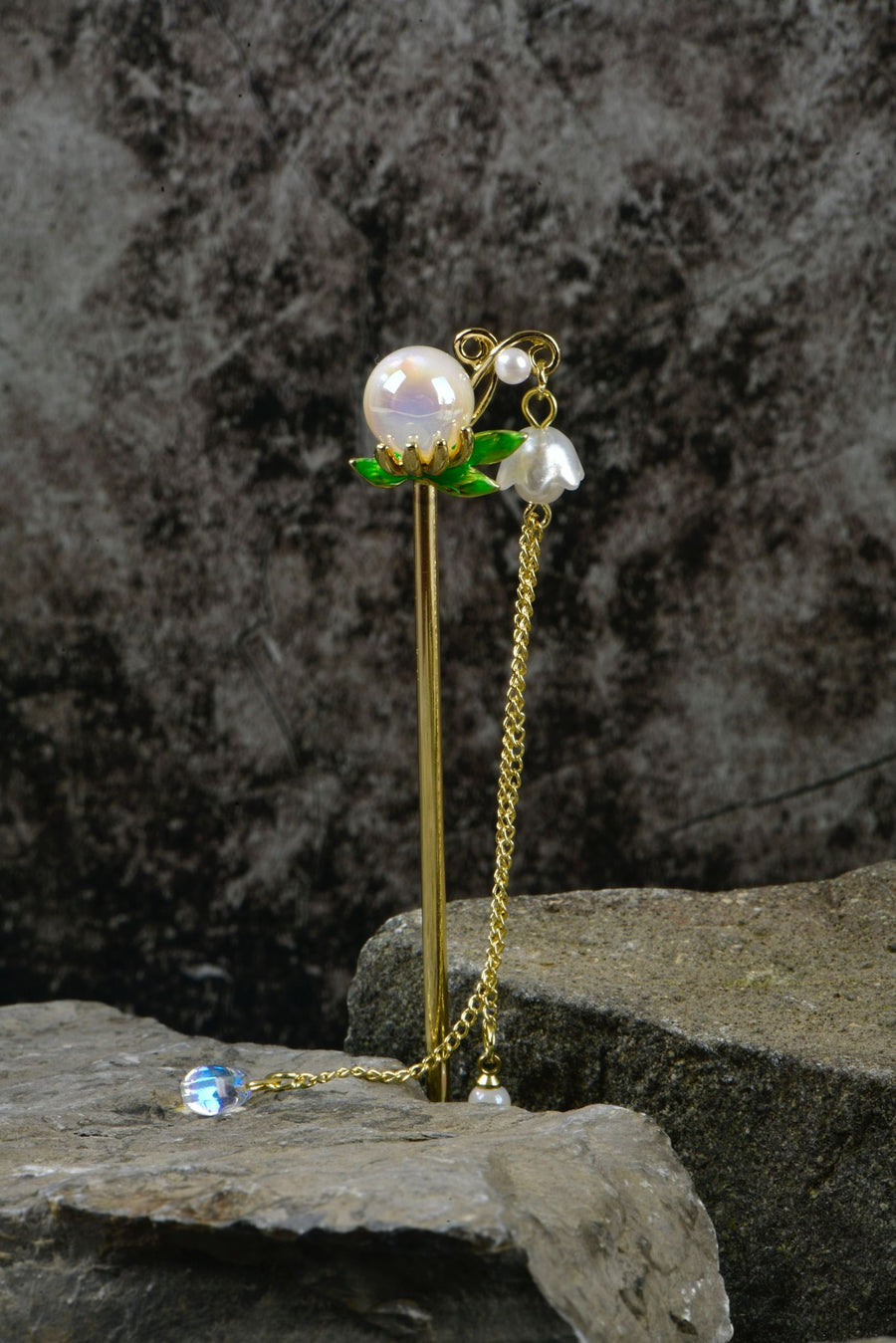 Gold Stainless Steel Hair Stick with Pearl Flower and Dangling Chains