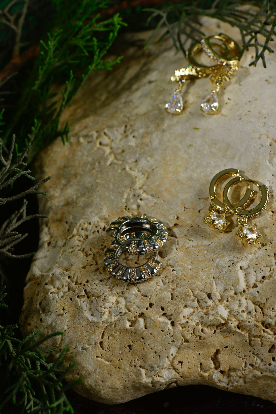 Gold and silver hoops with yellow zirconia stones