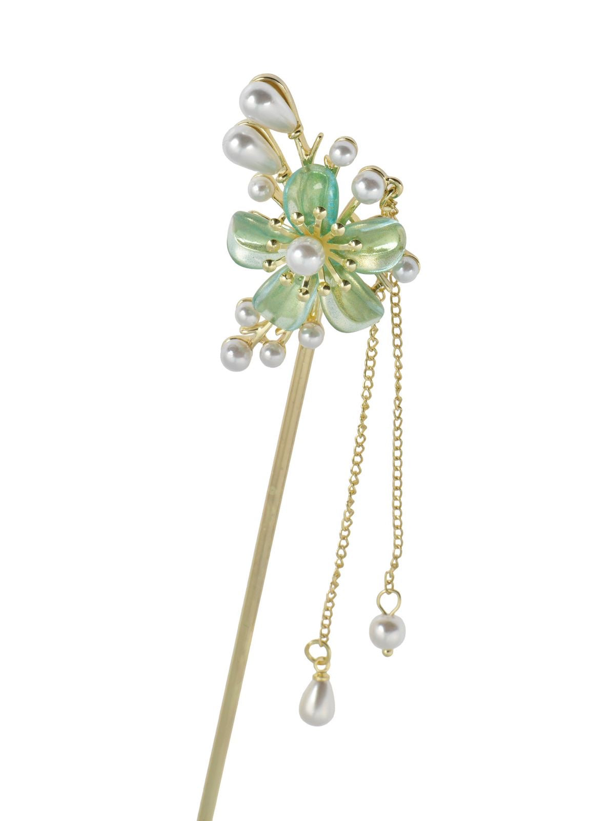 Gold Stainless Steel Hair Stick with Green Flower and Pearl Drops