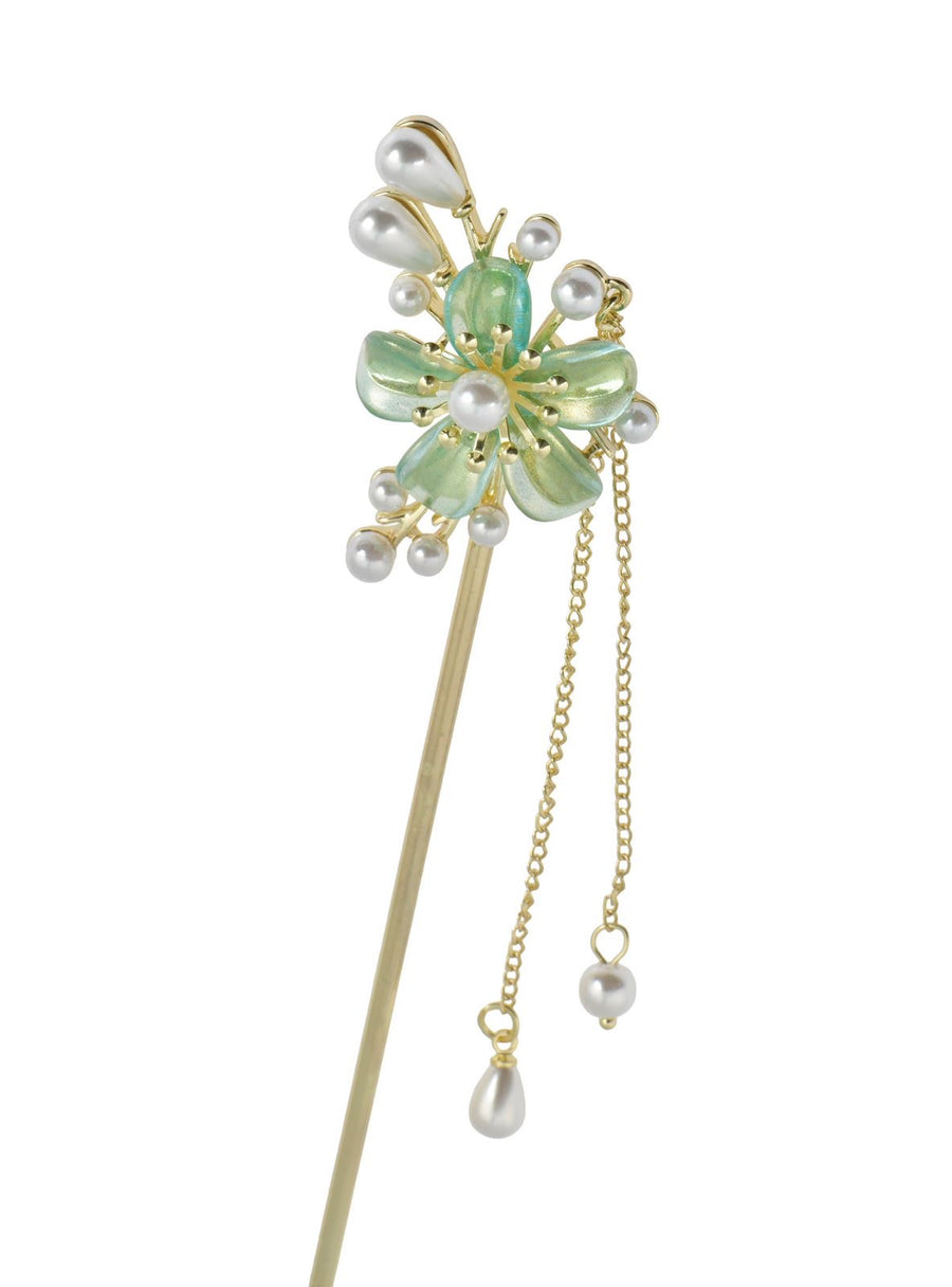 Gold Stainless Steel Hair Stick with Green Flower and Pearl Drops