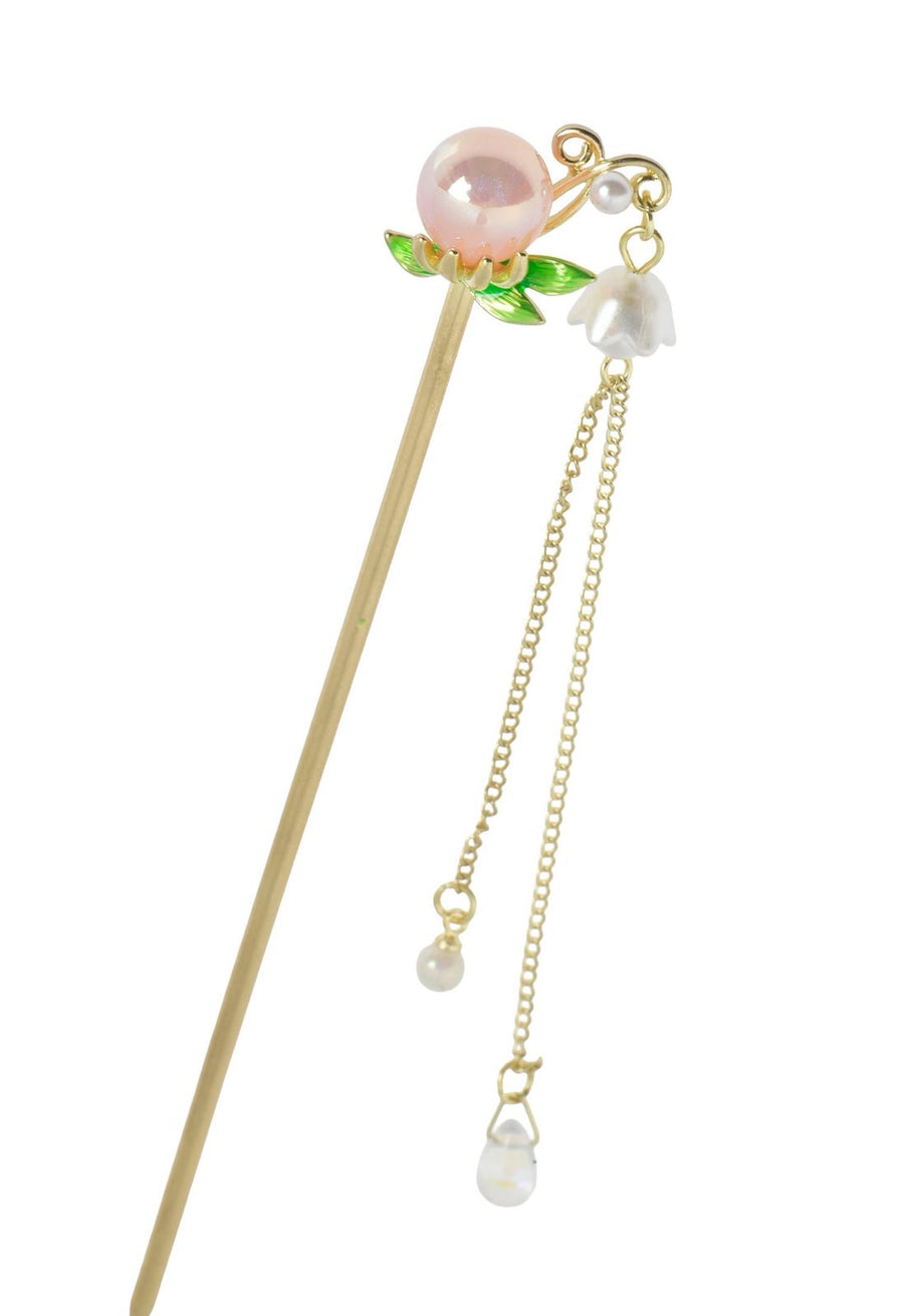Gold Stainless Steel Hair Stick with Pearl Flower and Dangling Chains