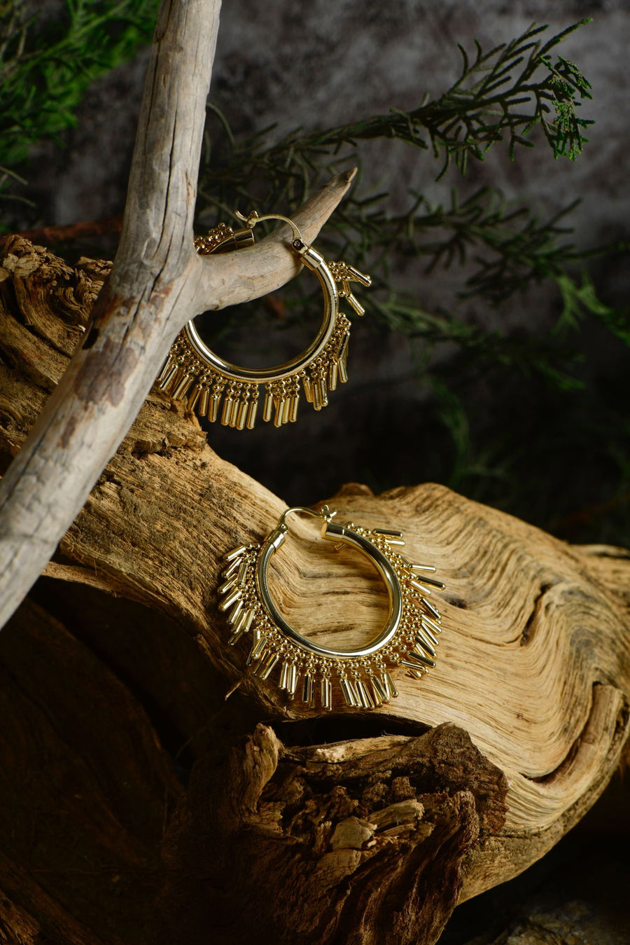 Gold-Tone Hoop Earrings with Metallic Fringe