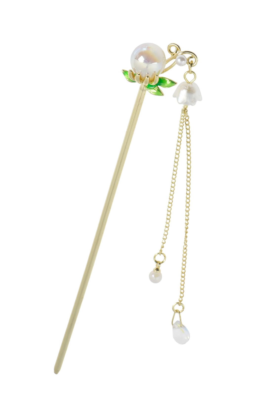 Gold Stainless Steel Hair Stick with Pearl Flower and Dangling Chains