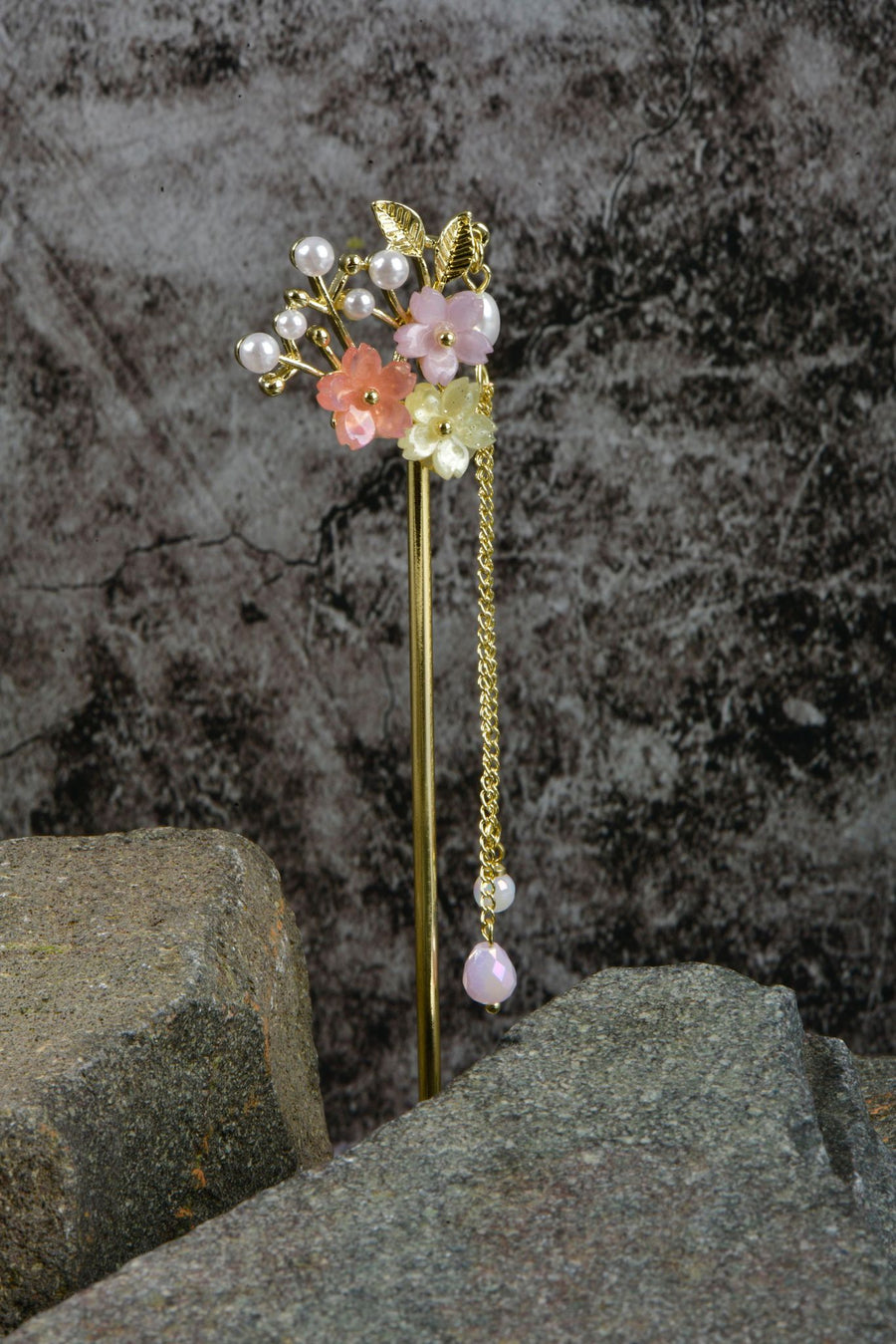 Gold Floral Hair Stick with Pearls & Pastel Flowers