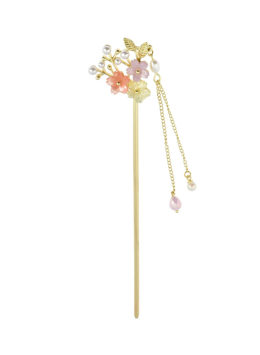 Gold Floral Hair Stick with Pearls & Pastel Flowers