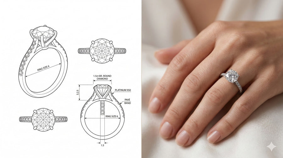 Experiencia de diseño de joyas personalizadas de Royal Touch, mostrando bocetos y materiales en proceso de creación.