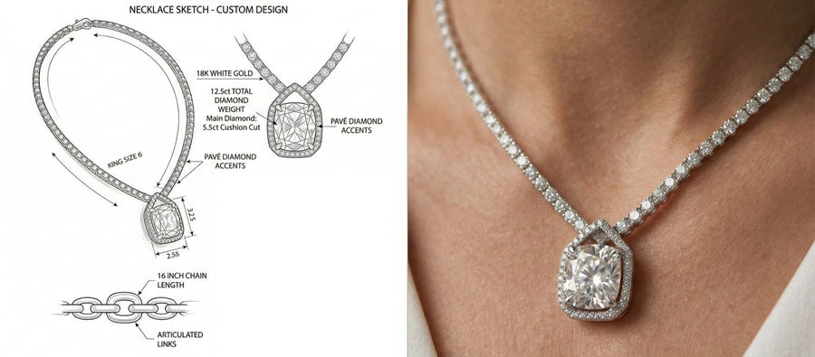 Experiencia de diseño de joyas personalizadas de Royal Touch, mostrando bocetos y materiales en un taller de joyería.