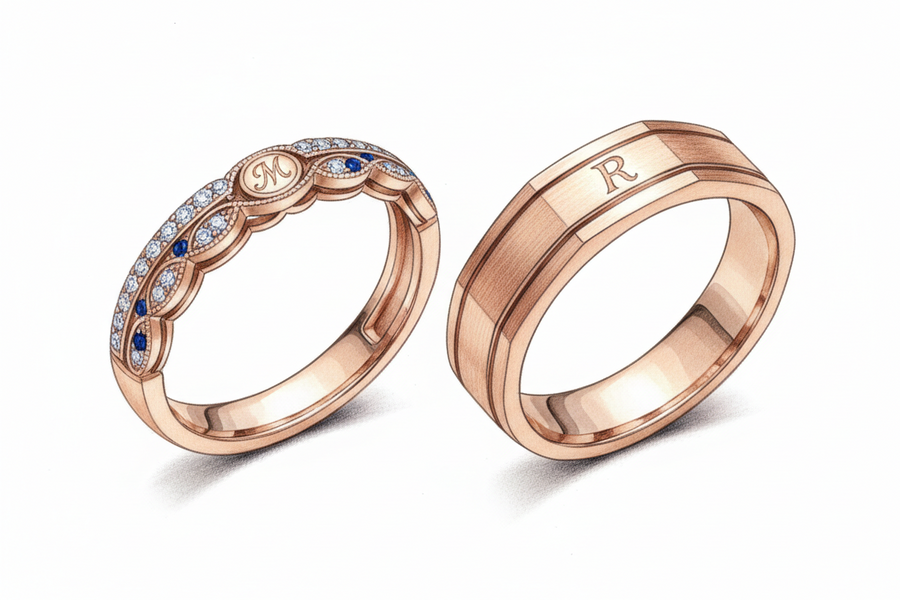 Experiencia de diseño de joyas personalizadas de Royal Touch, muestra anillos de mujer y hombre con detalles únicos.