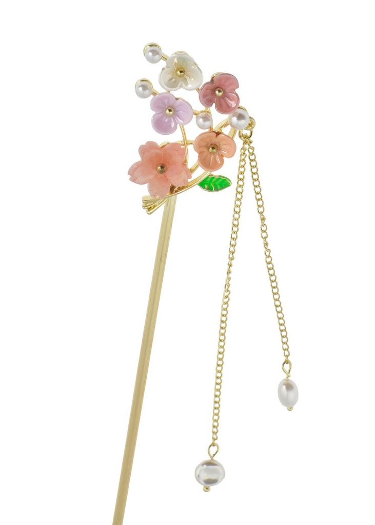 Gold Stainless Steel Hair Stick with Pearl Flower and Dangling Chains