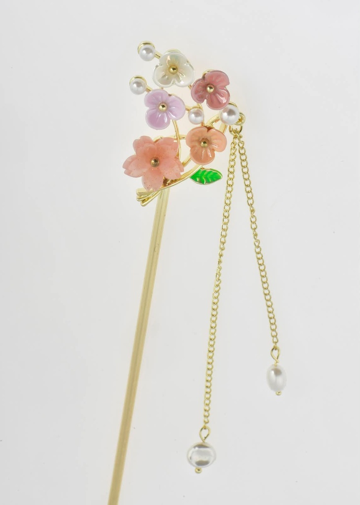 Gold Stainless Steel Hair Stick with Pearl Flower and Dangling Chains
