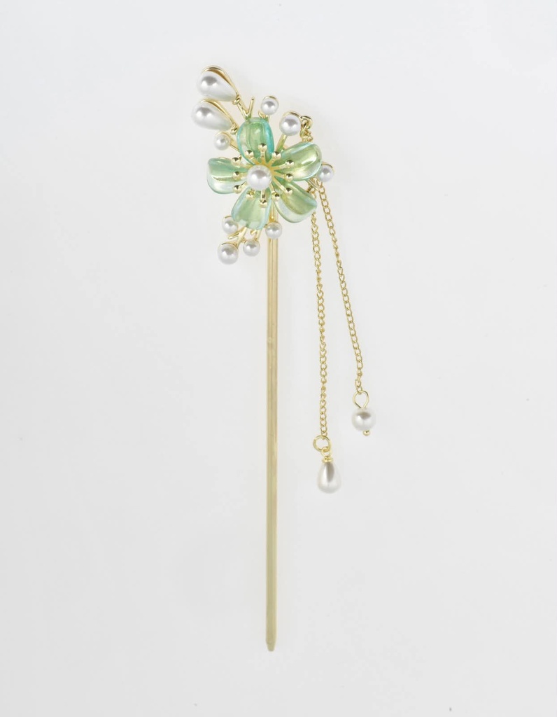 Gold Stainless Steel Hair Stick with Green Flower and Pearl Drops