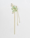 Gold Stainless Steel Hair Stick with Green Flower and Pearl Drops