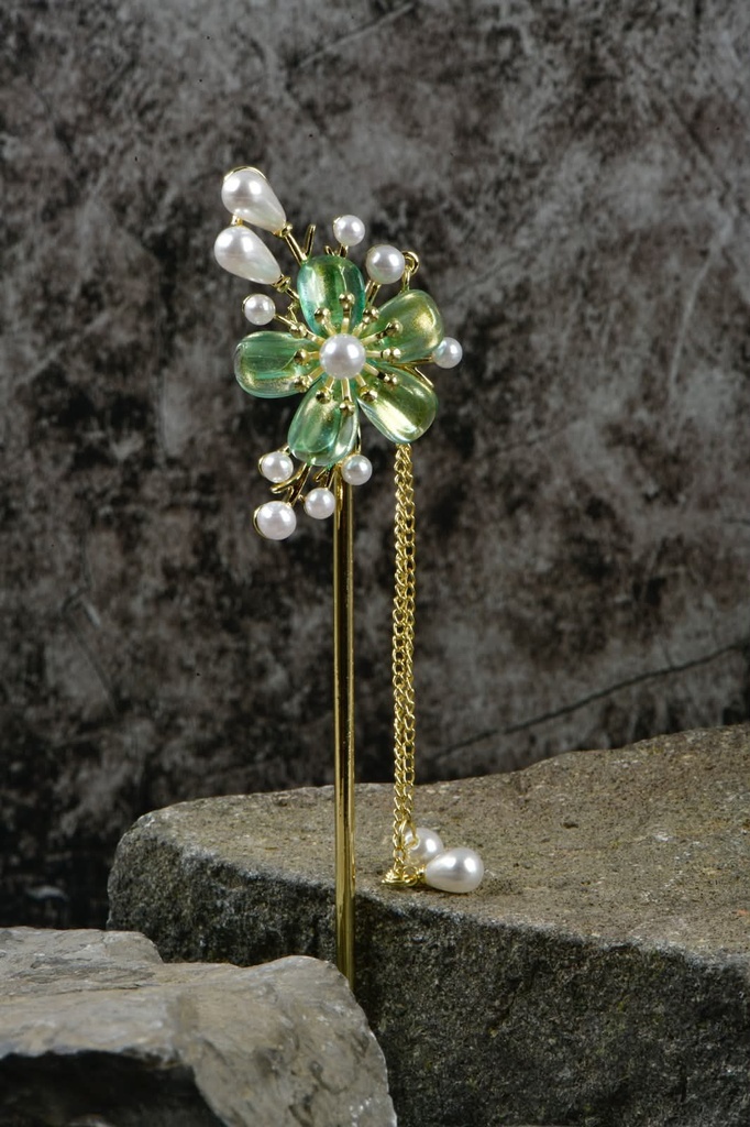 Gold Stainless Steel Hair Stick with Green Flower and Pearl Drops