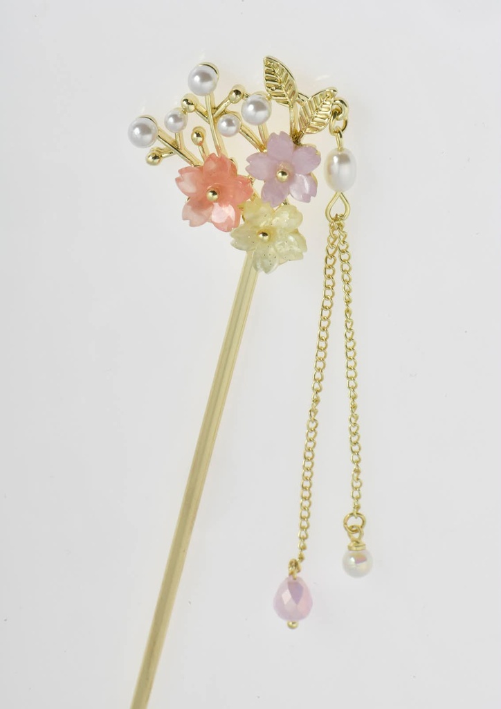 Gold Floral Hair Stick with Pearls & Pastel Flowers