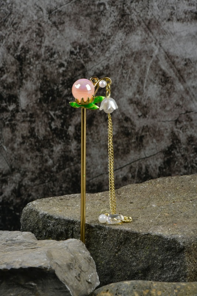 Gold Stainless Steel Hair Stick with Pink Pearl Drops