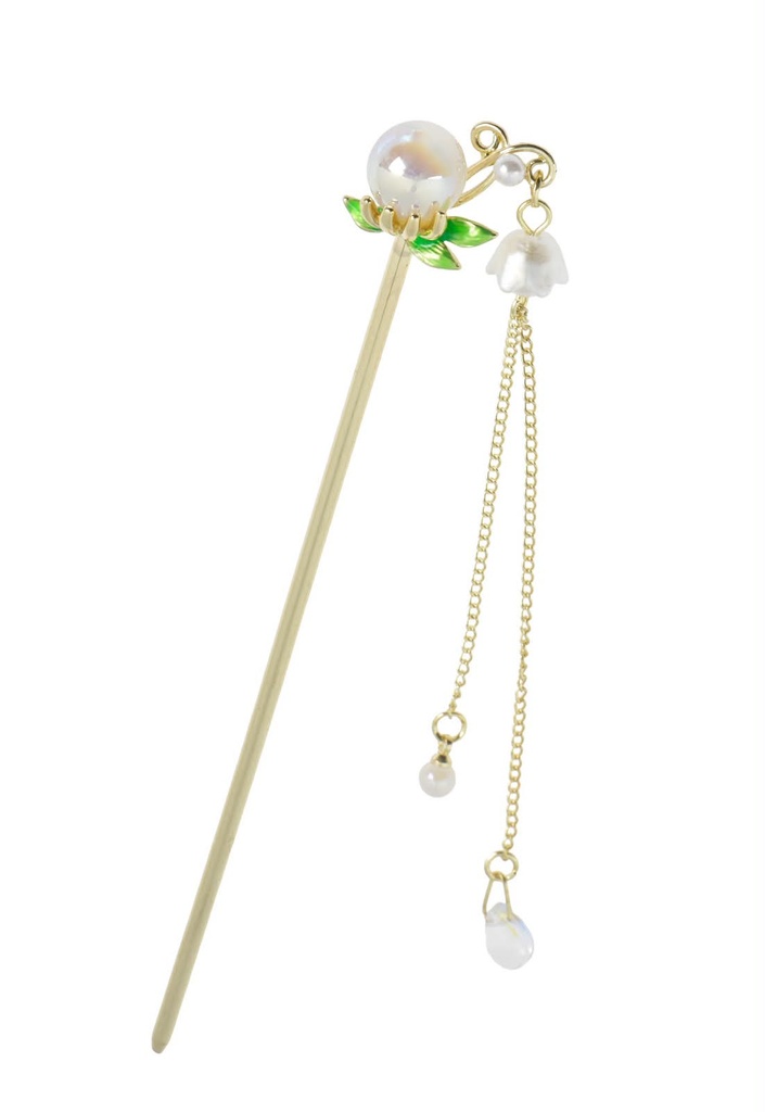 Gold Stainless Steel Hair Stick with Pearl Flower and Dangling Chains