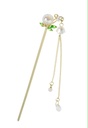Gold Stainless Steel Hair Stick with Pearl Flower and Dangling Chains