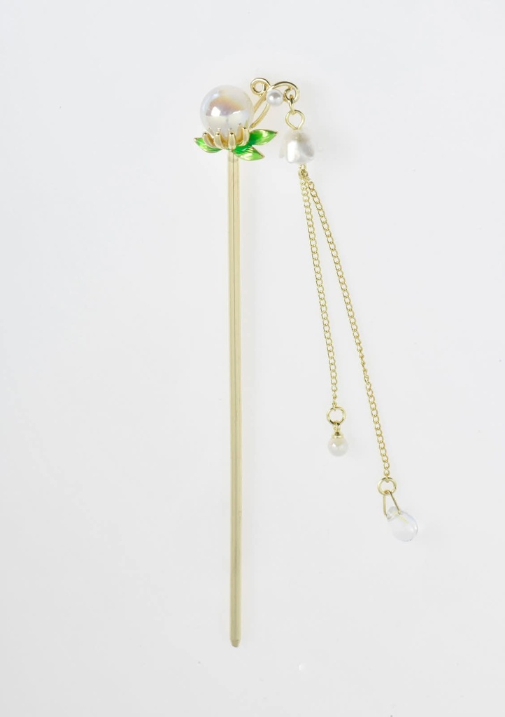 Gold Stainless Steel Hair Stick with Pearl Flower and Dangling Chains