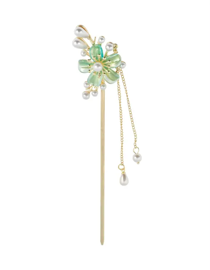 Gold Stainless Steel Hair Stick with Green Flower and Pearl Drops