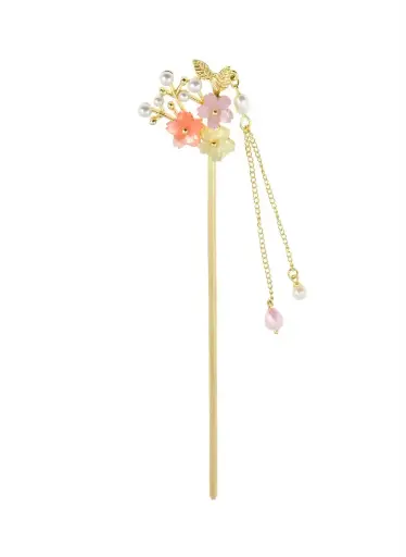 [CAB062] Gold Floral Hair Stick with Pearls & Pastel Flowers