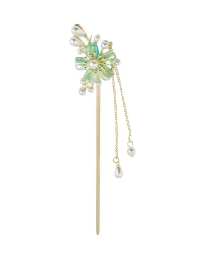 [CAB04] Gold Stainless Steel Hair Stick with Green Flower and Pearl Drops