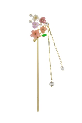 [CAB02] Gold Stainless Steel Hair Stick with Pearl Flower and Dangling Chains
