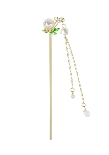 [CAB06] Gold Stainless Steel Hair Stick with Pearl Flower and Dangling Chains
